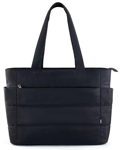 KALIDI vadderade tygväskor för kvinnor Puffer laptop handväska stor med dragkedja flera fack för arbete, shopping, gym, resor, Asksvart, X-Large