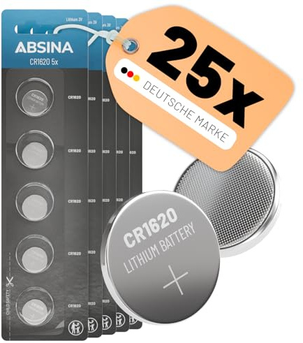ABSINA CR1620 3V Lithium Knopfzelle - auslaufsicher & Lange Haltbarkeit | 25er Pack CR 1620 Knopfbatterie für Autoschlüssel, Uhr und vieles mehr - 3 Volt Batterien