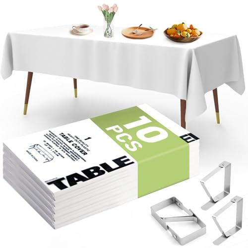 YSOOUA Einweg Tischdecke Eindicken Weiß Tischtuch Rechteckig Tischdecken 10 STK Kunststoff Tischdecken Wasserdicht 137 x 274 cm Biertisch Tischdecke mit Tischklammern für Party Hochzeit Feste