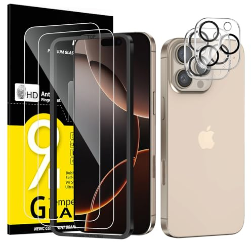 NEW'C Verre Trempé pour iPhone 16 Pro Max + Protection Caméra | Outil inclus, Lot de 4, 2x vitres trempées + 2x protections caméra, Transparent, 6,9 pouces, Protection Écran