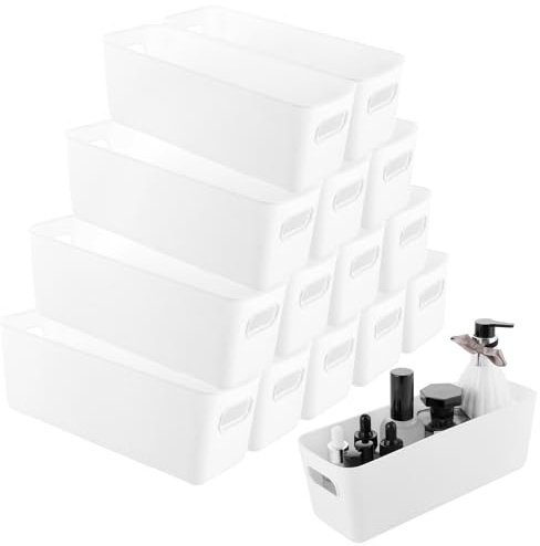 YAYODS 15 Stück Aufbewahrungsbox Kunststoff - 27 x 9,5 x 9 cm Weiß Aufbewahrung Organizer mit Griffen - Stapelbare Körbe Boxen Aufbewahrung - Aufbewahrungskorb für Küche, Badezimmer, Schrank, Büro
