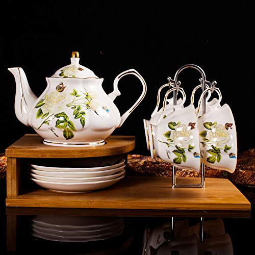KWMAEEUID Teeservice mit Retro-Blumenmuster, englisches Porzellan-Teeservice, Teetasse und Untertasse, Set aus Porzellan, Kaffee-Geschenkset mit Getränkehalter, Ständer, A