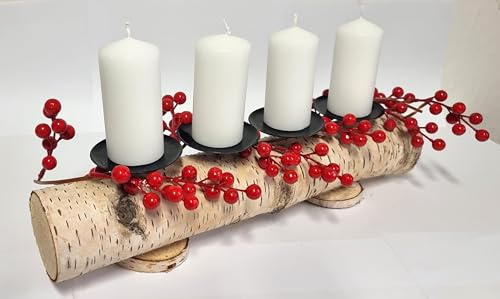 Kerzenständer aus Birkenstamm mit 4 Kerzenhaltern inkl. Kerzen und Dekofrüchten Girlande rot I Weihnachtsgesteck I Adventsgesteck I rustikal I handgefertigt in Deutschland