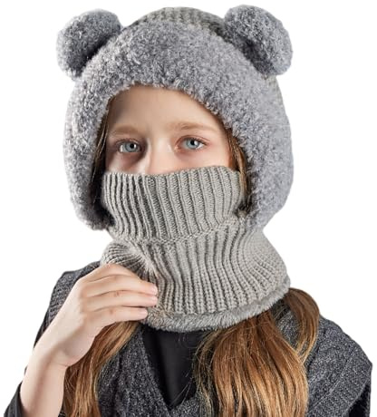 TAGVO Barn balaklava vinter, multifunktionell ansiktsmask vindtät varm fleece skidmask, stormmask mössa med halsvärmare halsduk för pojkar flickor 4–10 år, GRÅ, one size