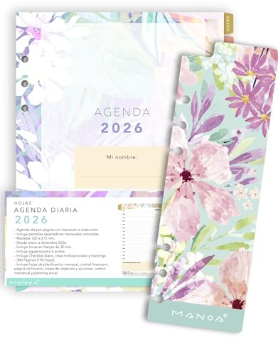 MANOA® Hojas de recambio agenda 2026 - Día Página con horas - 6 agujeros archivador anillas - 16 cm x 21,5 cm - 380 Páginas - Incluye pestañas separadoras mensuales (Con Marcapágina)