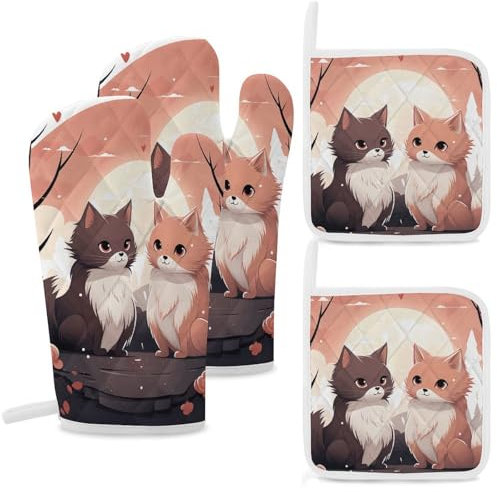 Set di 4 guanti da forno e presine con stampa di gatti in stile cartone animato, resistenti al calore, guanti da forno extra lunghi e cuscinetti caldi, guanti da cucina antiscivolo in poliestere per