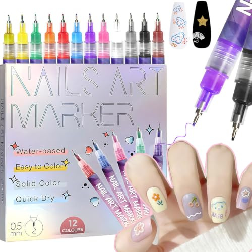 Hinourisha 12 Farben 3D Nagellack Stift Set, nagellackstifte für nägel DIY Linie Nagelkunst Graffiti, Nagelspitze Design Schmücken Maniküre Werkzeuge, Nagellackstifte Nageldesign für Nail Art-A012