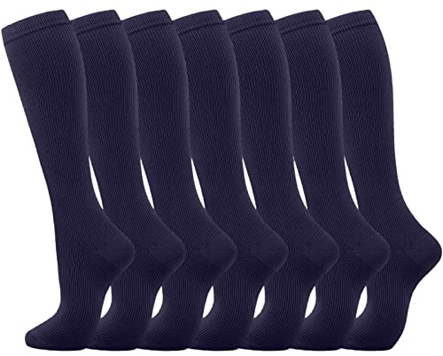 Generisch 2025 - Calcetines de compresión 7 pares para mujeres hombres circulación calcetines hasta la rodilla son el mejor soporte para correr deportivo ciclismo medias azul claro, azul, L