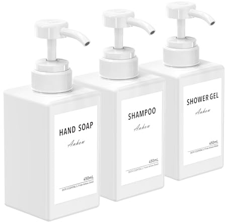 3 Pezzi Dispenser Sapone, Dispenser Sapone Bagno 450 ml con Etichetta per Bagno Doccia Cucina Shampoo e Bagnoschiuma - Bianco
