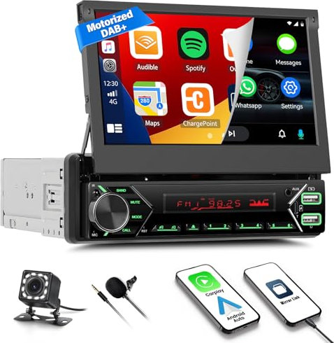 Zomolither Dab+ Radio de Coche 1 DIN con Wireless Carplay Android Anto Bluetooth, Pantalla Motorizada de 7 Pulgadas Pantalla retráctil Type-C USB/AUX/TF/FM/SWC + Cámara de visión Trasera Micrófono