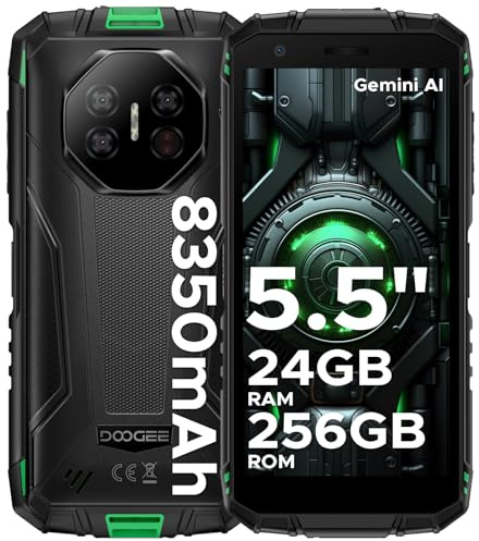 DOOGEE Fire 3 Ultra Android 15 AI Outdoor Handy ohne Vertrag, 24GB + 256GB/2TB TF Outdoor Smartphone, 8350mAh, Unisoc T7200, 5.5HD+16MP Gemini AI+20MP Nachtsicht Kamera, 4G LTE, NFC, Face ID,OTG,IP68