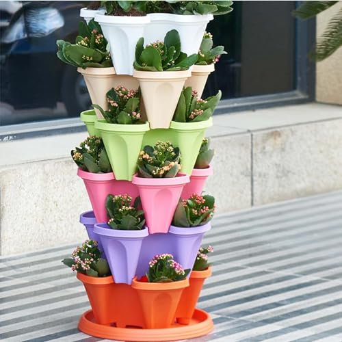 Torre da giardino verticale impilabile, con design a quattro petali, vaso in plastica con vassoio incluso, per fragole ed erbe, torre di fiori multistrato