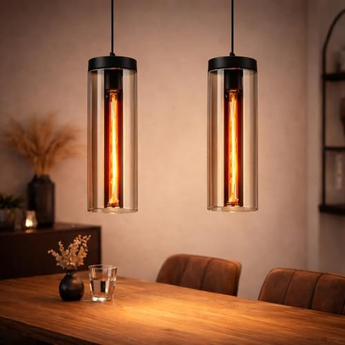 CBJKTX 2ER Pendelleuchte Vintage Hängeleuchte Esstisch 1 Flammig | Glas Retro E27 Schwarz Höhenverstellbar Ohne Leuchtmittel