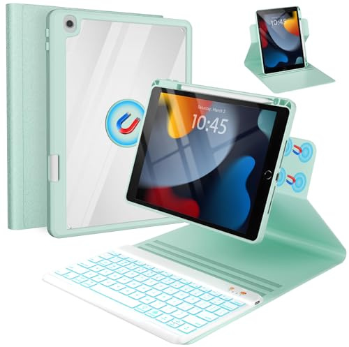 OYEEICE Funda con teclado antiahogamiento para iPad de 9ª/8ª/7ª generación de 10.2 pulgadas, teclado ampliado para iPad Pro 10.5/iPad Air de 3ª generación (verde, estilo giratorio de 360°)