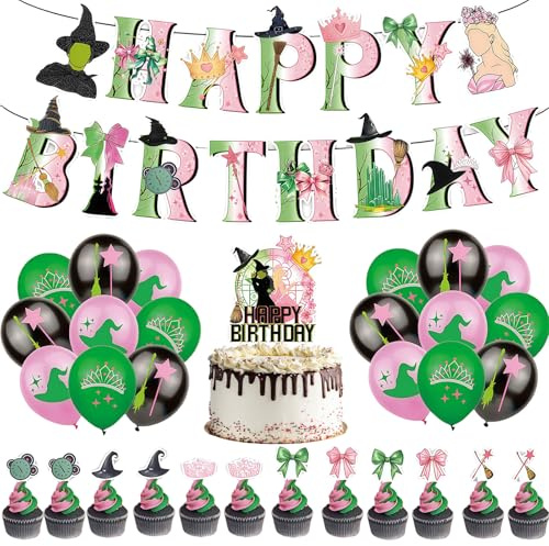 SSKHE Green and Pink Party Decoration, Wicked Birthday Decorations, Balloons and Cake Decorations, Cupcake Toppers for Witch Princess Themed Movie Party Disco Cosplay Birthday Table Decor Supplies