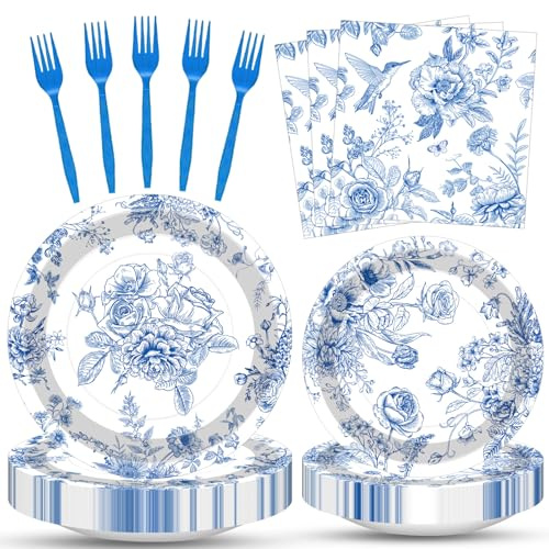 100 Pcs Blue and White Floral Tableware Party Supplies Set, Serves 25 – Disposable Elegant Flower Paper Plates, Napkins, and Plastic Forks for Wedding, Bridal Shower, Birthday, Garden Tea Decorations