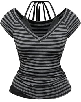 SHENHE Women's Y2K Striped Halter Tshirt Short Sleeve V Neck Slim Fitted Fairy Grunge Top Black Small