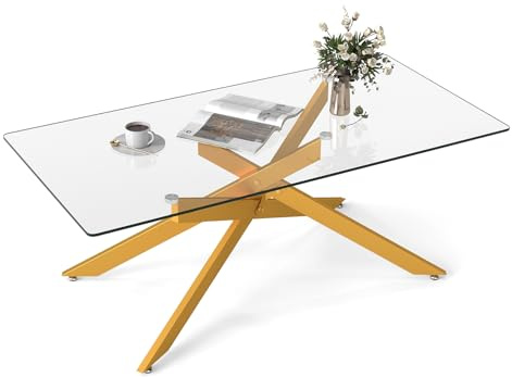COSTWAY Couchtisch aus gehärtetem Glas, rechteckiger Glastisch mit Metall-Rohrrahmen, Wohnzimmertisch Modern, Kaffeetisch für Wohnzimmer Büro, 120 x 60 x 45,5 cm (Gold)