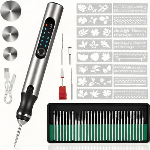 AURIVEE® Gravierstift Akku Kabellos 3 Geschwindigkeiten – 5000-18000 U/min, USB-C wiederaufladbar, 37 Zubehörteile, 16 Schablonen, Überlastschutz für Holz Glas Stein Metall