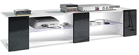 Vladon Buffet Bas Movie V2, Meuble TV avec 6 Compartiments Ouverts et placages décoratifs, Blanc Mat/Noir Haute Brillance, éclairage LED Blanc Inclus (134 x 29 x 39 cm)