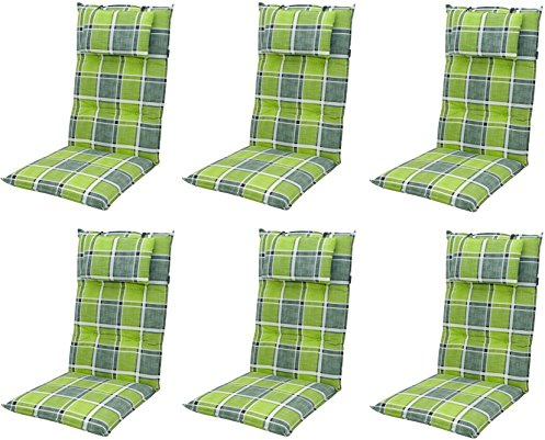 Doppler Luxus Hochlehner Auflage 5911, Grün Kariert, 120x50x8cm, 6er Set | Mit Kopfkissen, Baumwollmischgewebe