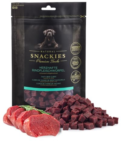 SNACKIES Herzhafte Rindfleischwürfel 170g Premium Snacks für Hunde, ohne Zusatz von Getreide, Zucker, Farb-, Aroma- und Konservierungsstoffe, schonend luftgetrocknete Leckerli