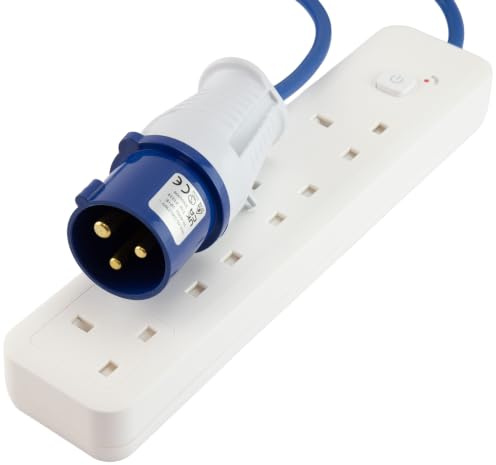 kenable 15m 4 Way Motorhome Caravan Camping Mains Electric Hook Up Extension Lead 16A Blue CEE Plug to UK Sockets [15 metres]