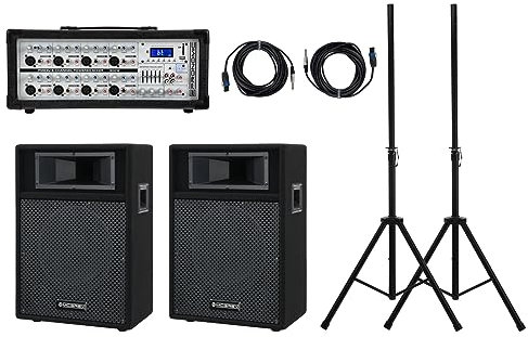 Pronomic StagePower PM83-110 PA Set - Impianto vocale compatto con powermixer (USB/SD/Bluetooth MP3-Player) e speaker da 10 - 8 canali - Set incl. coppia di supporti per casse e cavi per casse