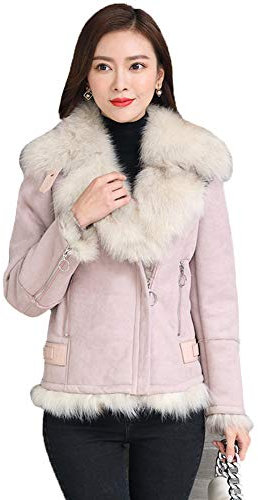 Denny&Dora Damen Kunstfell Mantel Schaffell Shearling Jacke Wintermantel mit Echt Fuchs Pelzkragen Jacke Mädchen Warmer Mantel, Pink, S