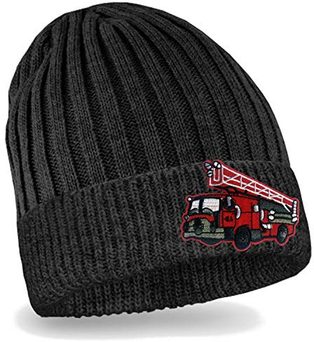 Blackshirt Company Kinder Mütze Feuerwehrauto Strickmütze Beanie Feuerwehr Kappe Farbe Schwarz