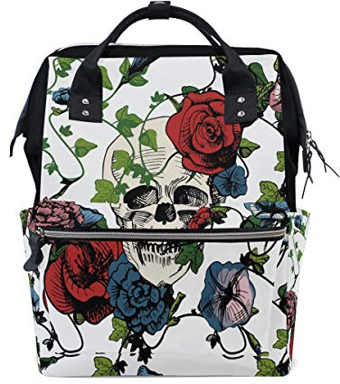 Bigjoke Wickelrucksack mit Totenkopf-Rosen-Motiv, multifunktional, große Kapazität, Wickeltasche, Reißverschluss, lässig, stylisch, Reiserucksack für Mama, Papa, Babypflege