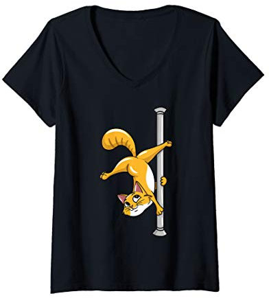 Damen Lustige Pole Dancing Katze Liebhaber Geschenk Pole Dancer T-Shirt mit V-Ausschnitt