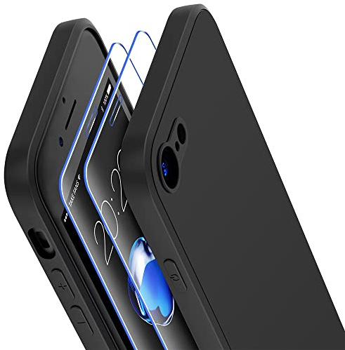 Losvick Case for iPhone SE 2022 5G/iPhone SE 2020 with 2 x Tempered Glass, iPhone SE Case, Soft Liquid Silicone Shockproof Bumper Protection Case Cover for iPhone SE3/SE2020/8/7 – Black