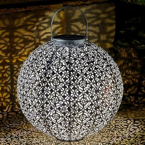 Garden Mile Large Bronze Effect Solar Lantern - 24cm Metal Waterproof Warm White LED Hanging Lantern Outdoor Lighting - Garden Ornament for Patio Decorations & Outdoor Solar Lights (Turkish)