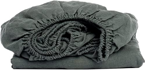 My Linen Home Spannbettlaken aus 100% Stonewashed Leinen Dunkelgrün, 140x200cm I Kontinuierlich elastischer Saum I Temperaturregulierend und Atmungsaktiv I Sanft, weich selbst zur empfindlichsten Haut