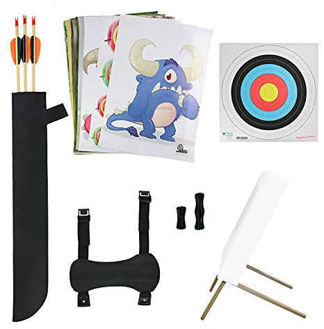 Set Plus - Zubehörset für Kinderbögen - Pfeillänge: 24 Zoll; Kinderset bestehend aus: Pfeilauflage, Visier, Armschutz, Nockpunkt, Seitenköcher, Holzpfeile, Zielscheibe und Zielscheibenauflagen