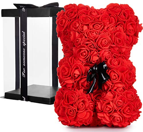 BRUBAKER Rosen Bär Blumenbär mit Schleife 25 cm - Blumen Geschenk zum Valentinstag Jahrestag Geburtstag Hochzeit - Geschenkbox inklusive - Rot