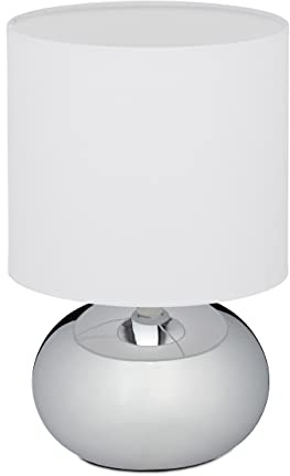 Relaxdays Lámpara Mesita Noche Táctil, Luz Salón Decorativa, Redonda, Casquillo E14, con Pantalla, Plateada y Blanca