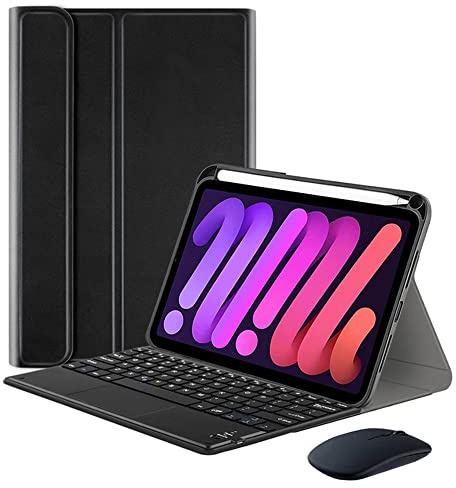 QYiiD Funda para teclado y ratón para iPad Mini 6 2021, cubierta trasera de TPU suave con soporte para lápiz y teclado inalámbrico desmontable para iPad Mini 6ª generación 2021, negro
