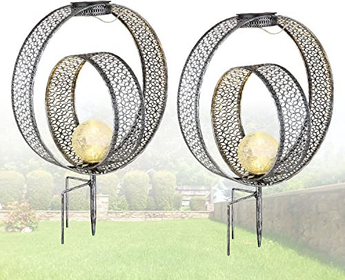 Solarlampe für Außen Stehend Ring 2er Set – Solarleuchte Garten 42 cm – Außenleuchte Gartenlampe LED – Leuchte Solar Aussenlampe IP 44 Silber Glas Metall Erdspitz