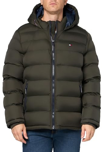 Tommy Hilfiger Men's Hooded Puffer Jacket Down Alternative Coat, Olive, XL