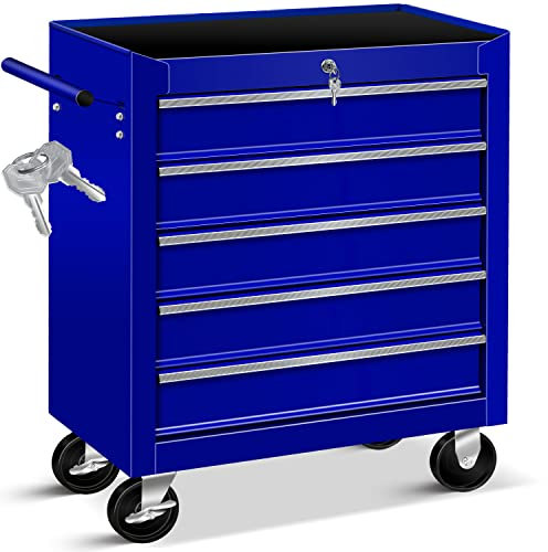 Masko® Chariot d'atelier ✓ Verrouillable ✓ Métal Massif | Chariot à Outils | Chariot d'atelier Professionnel | Chariot de Rangement d'outils | Tiroirs avec glissières - 5 Cases - Bleu