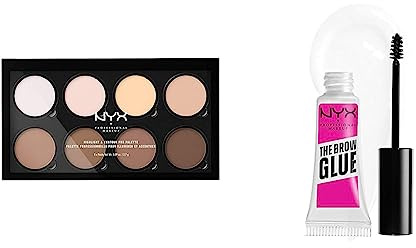 NYX Professional Makeup Highlight & Contour Pro Palette, Contouring Kit in polvere, Otto tonalità matte e perlescenti & The Brow Glue, Gel Trasparente per Sopracciglia Effetto Laminazione