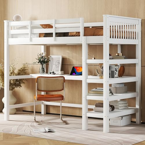 Merax Kinderbett Hochbett mit Ablagefächern und einem integrierten Schreibtisch, Hochbett Kinder aus Hochwertigem Massivem Kiefernholz und MDF gefertigt, inklusive Lattenrost, Weiß 90x200cm
