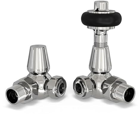 UK Radiators Chrome Thermostatic Radiator Valve and Corner Lockshield Valve - Polished Chrome Finish - Traditional Design 1/2 x 10mm Wooden Head Radiator Valve