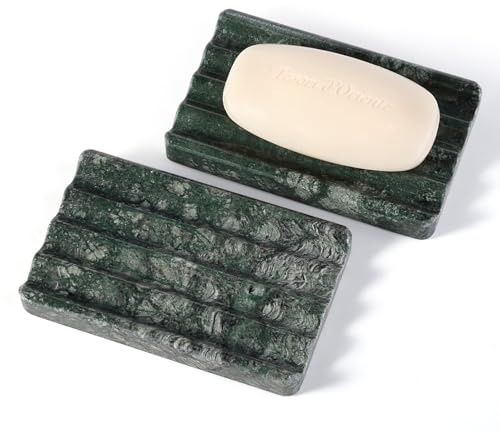 2PCS Koville Indian Natural Green Marble Soap Dish for Shower, Stone Soap Tray for Bathroom, Marble Bar Soap Holder for Sink, Stripe Grooves Soap Saver Sponge Holder