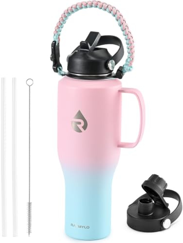 RAYMYLO 1.2L Insulated Water Bottle with Handle | Triple Wall Vacuum Cold 48 hrs, Stainless Steel with Handle & Straw Lid & Paracord Handle, Leakproof Travel Flask