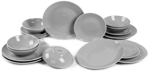 Vajilla Ceramica Santa Elena 18 Piezas Modelo Luna - Color Gris- Servicio para 6 Personas - Apta para Lavavajillas y Microhondas - Resistente Manchas y Arañazos - Diseño Ergonómico - Limpieza Fácil.