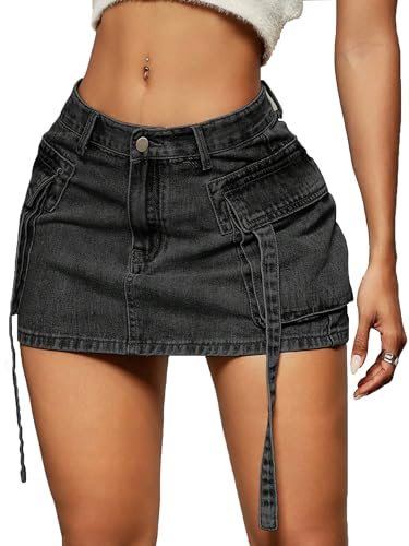 CZFDHP Falda Tipo Cargo para Mujer, con Botones, Mini Falda de Mezclilla con Bolsillo, Cintura Baja, Negro Lunar, XS