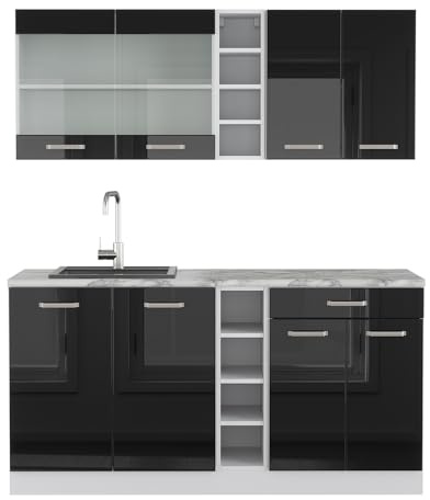 Vicco Singleküche R-Line, Schwarz Hochglanz/Weiß, 160 cm | 6 Module · Höhenverstellbare Füße · AP Marmor inkl. · Robuste Fronten · Mit offenen Regalen · Frei kombinierbar